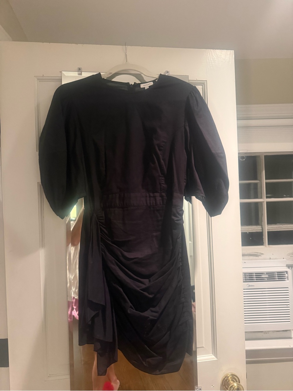 RHODE Black Ruched Puff-Sleeve Mini Dress